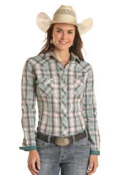 RSWSOSR199 RGH STCK WMNS TURQ & GRY PLAID SNAP LS
